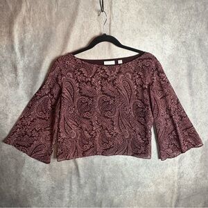 New York & Company Pink Paisley Bell Sleeve Cropped Blouse Size Medium